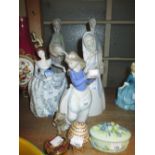 Coalport figure of a lady together with two Nao figures and two other figures and three various