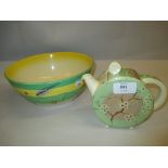 Clarice Cliff May Blossom pattern circular teapot (a/f) together with a Bizarre bowl painted with