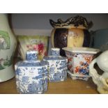 Pair of blue and white transfer printed Willow pattern tea caddies,