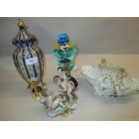 Continental pottery vase and cover, Murano glass figure of a clown,
