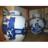 Two large Chinese blue and white decorated ginger jars with covers (one cover and jar a/f)