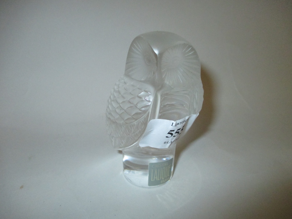 Lalique frosted and clear glass paperweight in the form of an owl with engraved signature to base