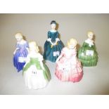 Group of five Royal Doulton figures, ' Marie ' HN1370, ' Rose ' HN1368, ' Cherie ' HN2341,