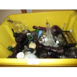 Box containing a large collection of various Avon perfume bottles including: candlesticks, canon,