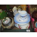 Crown Devon figure of a Scottie dog (a/f), Shelley Flocks pattern cake plate and milk jug,