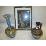 Two Royal Doulton stoneware vases together with a framed porcelain overpainted plaque of two