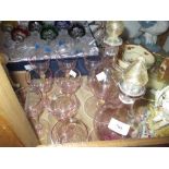 Two Venetian pink glass decanters together with eight matching drinking glasses