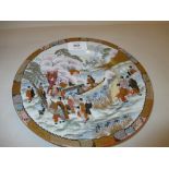 Chinese gilt and enamel decorated plate, figures in a landscape having six character mark to base,