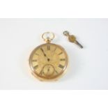 AN 18CT. GOLD OPEN FACED POCKET WATCH the gold foliate dial with Roman numerals and subsidiary