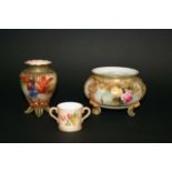 ROYAL WORCESTER BOWL - HADLEY a squat bowl painted with panels of Roses and leaves, and with