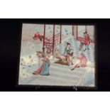 A CANTONESE ENAMEL PLAQUE delicately painted with Europeans making music and a waterside pavilion, a