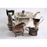 A MIXED LOT: A modern tea pot, a sugar caster, a late Victorian mustard pot, crested, a modern sauce