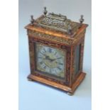 A WALNUT AND FLORAL MARQUETRY MANTEL CLOCK dial 5 1/2 inch silvered chapter ring, subsidiary
