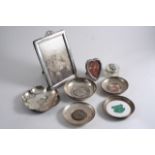 A MIXED LOT: A photograph frame, five small dishes (two with porcelain inserts), a mounted jar & a