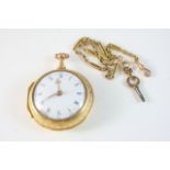 AN IRISH 18TH CENTURY 22CT. GOLD PAIR CASED VERGE POCKET WATCH the white enamel dial with Roman