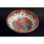 A BASIN the interior painted in the Mandarin palette with figures and a hawk, on a lakeside terrace,