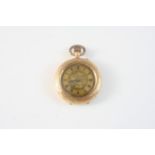 A LADY'S 14CT. GOLD OPEN FACED POCKET WATCH the gold foliate dial with Roman numerals, with