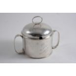 AN INTERESTING TWO-HANDLED PRESERVE OR HONEY POT with a domed cover & a ring finial inscribed on one