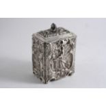 A VICTORIAN CHINOISSERIE TEA CADDY oblong with incurved corners & a hinged cover with a flower