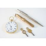 AN 18CT. GOLD OPEN FACED POCKET WATCH the white enamel dial with Roman numerals and subsidiary