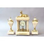 A CREAM MARBLE AND FOUR GLASS CLOCK GARNITURE dial cream enamel, painted with delicate floral swags,