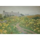 •JOHN McDOUGAL (1851-1945) THE TRACK TO THE FARM Watercolour 44.5 x 64cm. ++ Damage in sky upper