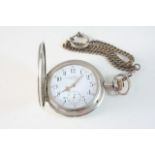 A GERMAN SILVER FULL HUNTING CASED POCKET WATCH the white enamel dial with Arabic numerals and