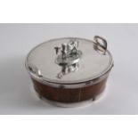 A VICTORIAN PLATED MOUNTED OAK BUTTER DISH & COVER with a cow finial & pottery liner;  6"  (15