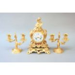 A NEO ROCOCO ORMOLU GARNITURE clock dial white enamel, movement drum striking on a bell, clock 14