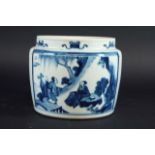 A BLUE AND WHITE BOWL the almost cylindrical body painted with panels of travellers and calligraphy,