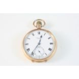 A 9CT. GOLD OPEN FACED POCKET WATCH the white enamel dial signed Irvine Hindle Halifax, Zenith, with