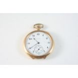 A GOLD PLATED OPEN FACED POCKET WATCH BY ELGIN the signed white enamel dial with Arabic numerals and