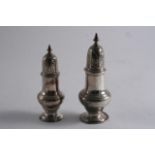 A SMALL GEORGE II BALUSTER CASTER with a domed cover & knop finial, initialled, by Samuel Wood,