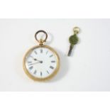 AN 18CT. GOLD OPEN FACED POCKET WATCH the white enamel dial with Roman numerals, with foliate