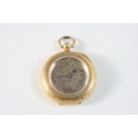 A LADY'S 18CT. GOLD OPEN CASED FOB WATCH the foliate dial with Roman numerals, with foliate engraved