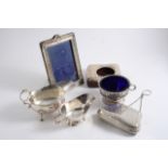 A MIXED LOT: Two modern sauce boats, a sugar bowl with blue glass liner, a photograph frame, a watch