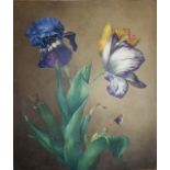 EMMA TOMKINS (Fl.1823-1840) A STUDY OF TULIPS AND AN IRIS WITH A BUTTERFLY Signed and dated 1828;