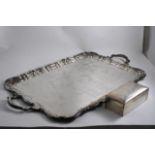 A LARGE MODERN TWO-HANDLED TRAY shaped & moulded border, the centre inscribed, by Messrs.