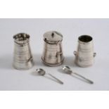 A VICTORIAN NOVELTY THREE-PIECE CONDIMENT SET modelled as three milk churns, complete with two