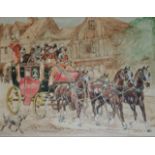 WILLIAM WOODHOUSE (1857-1939) THE DEPARTURE OF THE COACH Signed, watercolour and pencil 21.5 x