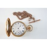 A GOLD PLATED HALF HUNTING CASED POCKET WATCH the white enamel dial with Roman numerals and