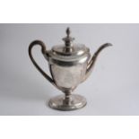 A GEORGE III VASE-SHAPED COFFEE POT with engraved borders, an oval pedestal foot & a spool-shaped