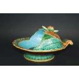 MINTON MAJOLICA CHESTNUT DISH the dish with leaves forming a half cover, and with a metal insert