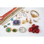 A QUANTITY OF JEWELLERY including a coral necklace, a pair of Victorian coral and gold drop