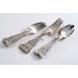 A SET OF SIX LATE VICTORIAN QUEEN'S PATTERN DESSERT SPOONS & SIX DESSERT FORKS monogrammed, by G.