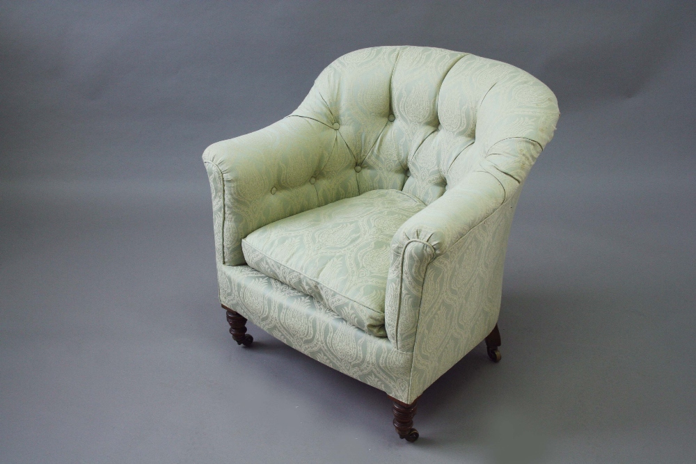 A HOWARD TUB ARMCHAIR  button upholstered, 30ins. (76cms.) wide x 27ins. (69cms.) deep