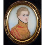 ATTRIBUTED TO FREDERICK BUCK Miniature portrait of a young officer in uniform, on ivory; 6.75 x 5.