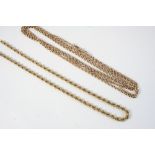 A 9CT. GOLD ROPE LINK NECKLACE 40.5cm. long, 24 grams, together with a 9ct. gold watch chain, 145cm.