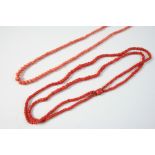 A DOUBLE ROW GRADUATED CORAL BEAD NECKLACE the coral beads graduate from approximately 3.6mm. to 6.