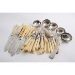 A SET OF NINE VICTORIAN ENGRAVED FISH KNIVES & EIGHT FISH FORKS with ivory handles, initialled,